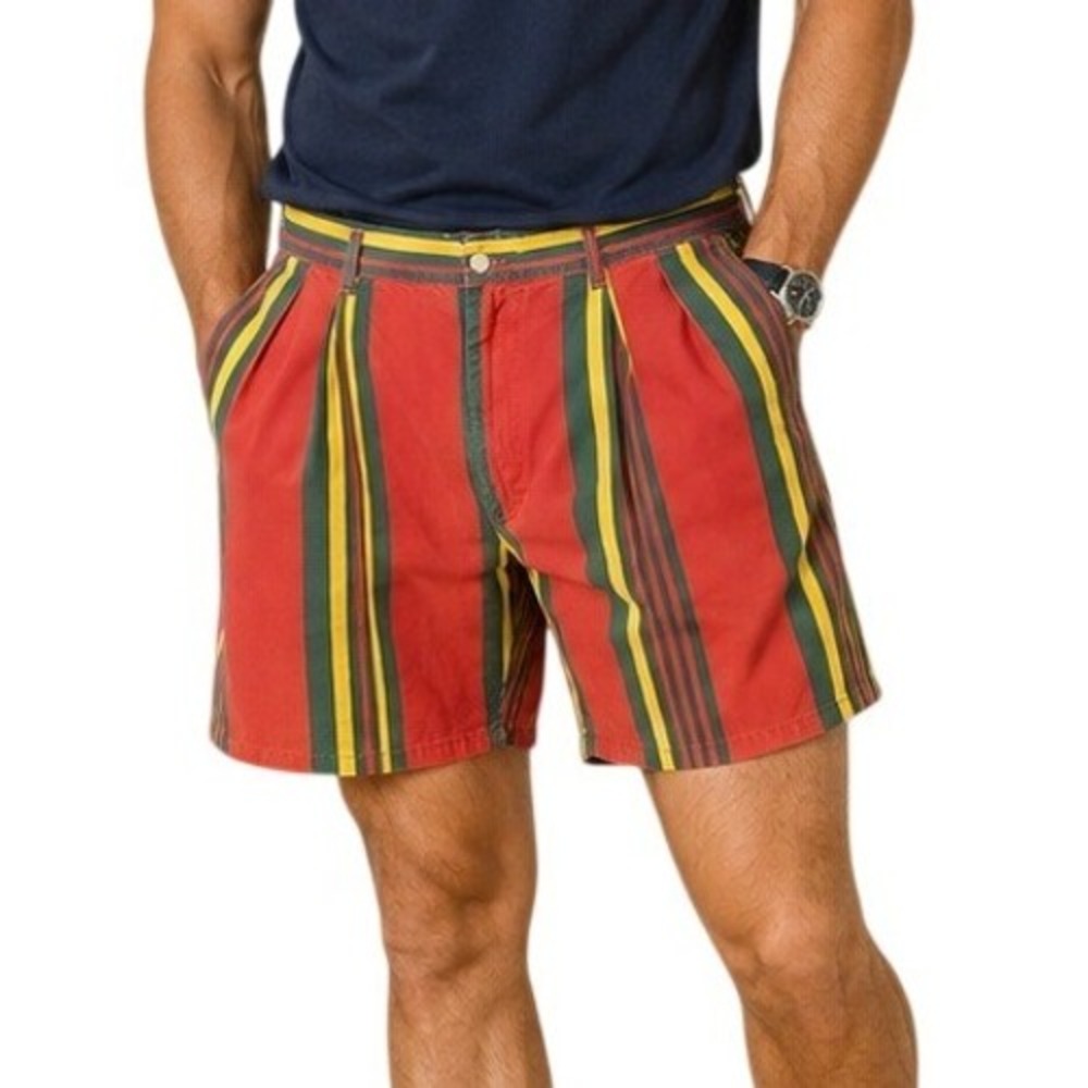 Polo Ralph Lauren Vintage 90s Red Green Yellow Striped Pleated Shorts Men's‎ 38